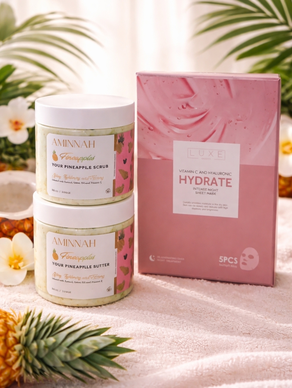🍍 Aminnah Pineapple Glow Bundle + Luxe Hydrate Sheet Masks (5pc Set)